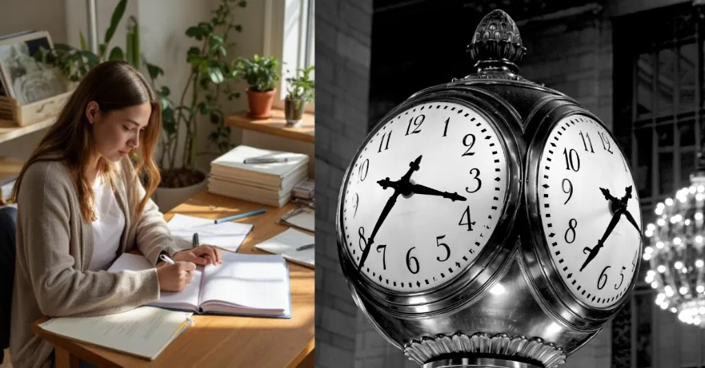 Can journaling slow down time? Woman writing in a journal at a desk contrasted with an ornate clock—journaling and the perception of time.