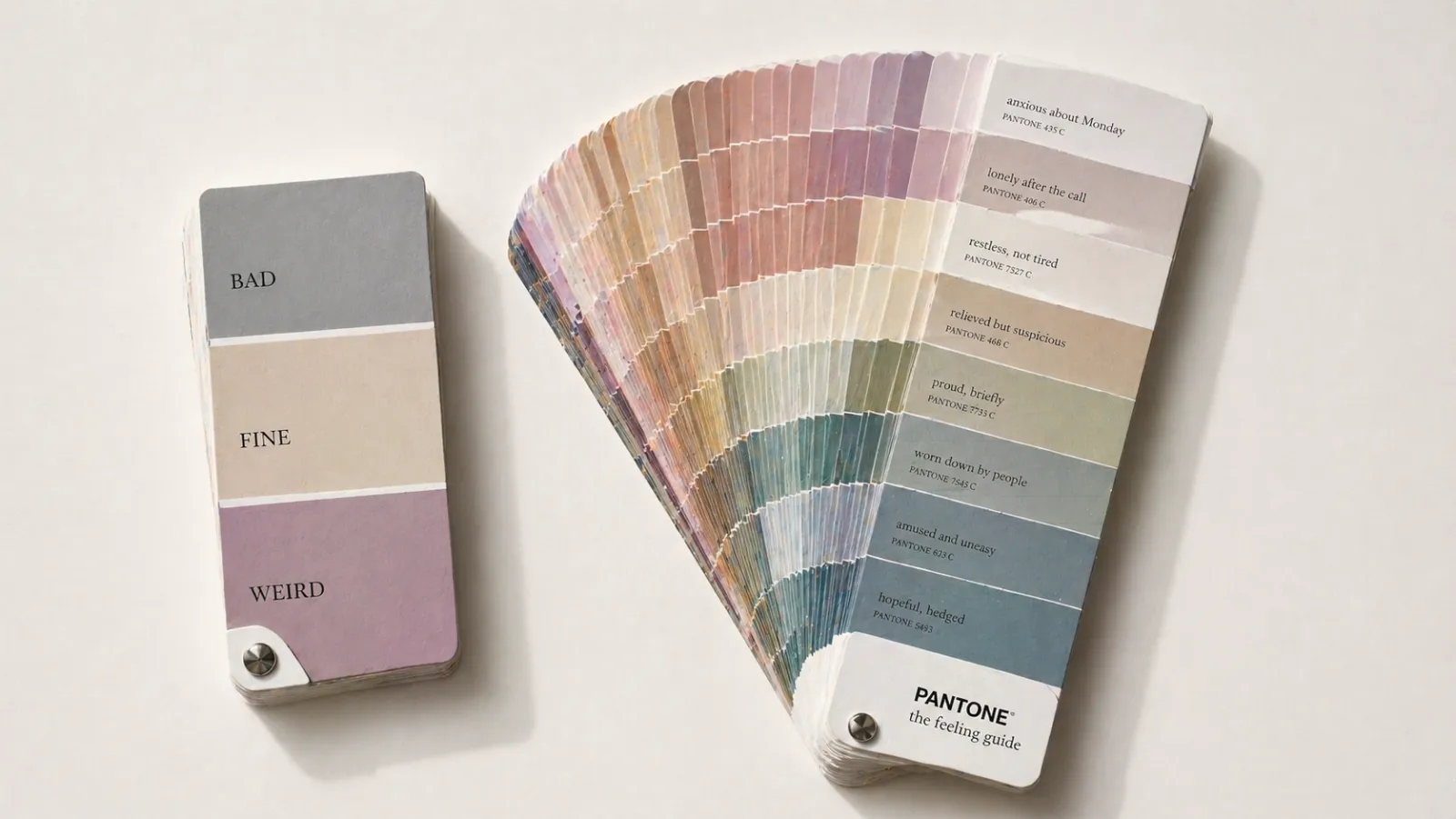 Does journaling improve emotional intelligence: two Pantone-style swatch fans on a cream background, photographed from above. The smaller closed fan on the left shows three flat blocks of color stacked vertically, each labelled in plain capitals — 'BAD' over a slate gray, 'FINE' over a beige, 'WEIRD' over a dusty mauve — the way most days arrive in the head before any work is done on them. The larger fan on the right is splayed open like a paint deck, dozens of subtly distinct hues each labelled in serif type with a specific feeling: 'anxious about Monday', 'lonely after the call', 'restless, not tired', 'relieved but suspicious', 'proud, briefly', 'worn down by people', 'amused and uneasy', 'hopeful, hedged'. The fan is titled 'PANTONE the feeling guide' on the cover swatch. The contrast between the two — same medium, radically different resolution — is the entire image.