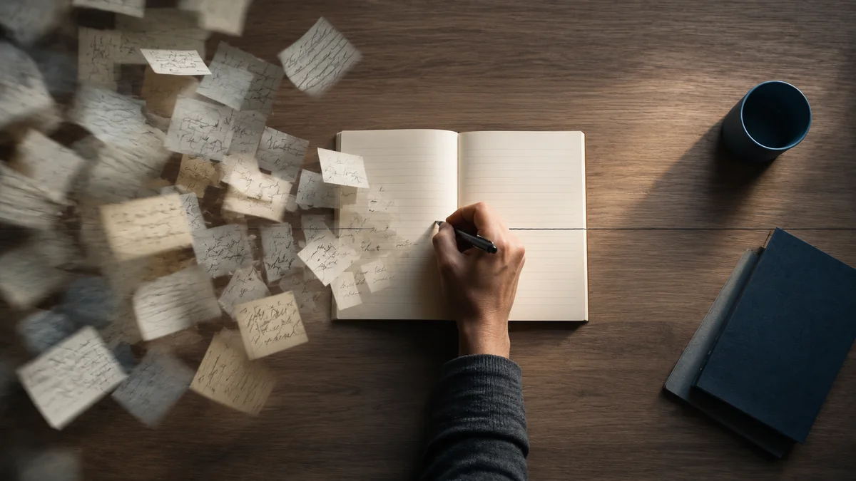 Does journaling improve focus and concentration? An overhead photograph of a warm wooden desk in soft light. On the left, a cloud of overlapping handwritten sticky notes drifts out of focus — the scattered, competing thoughts of a distracted mind. In the centre, a hand writes calmly in an open, blank notebook, drawing order out of the clutter. A mug and a neat stack of closed books rest quietly on the right. The image suggests that writing does not add concentration so much as clear away the noise competing with it.