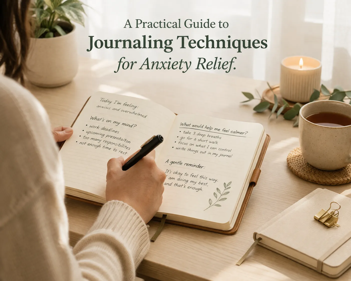A person writing at a calm desk — five bounded exercises with realistic evidence and safety limits for anxiety.