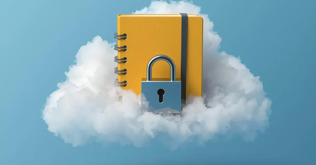 A journal notebook icon floating inside a cloud with a lock symbol, representing the question of whether cloud storage is safe for private journal entries.