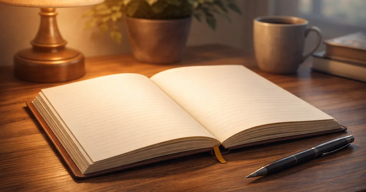 An open journal with a pen beside it, a soft light illuminating the blank page, representing the moment before writing begins.