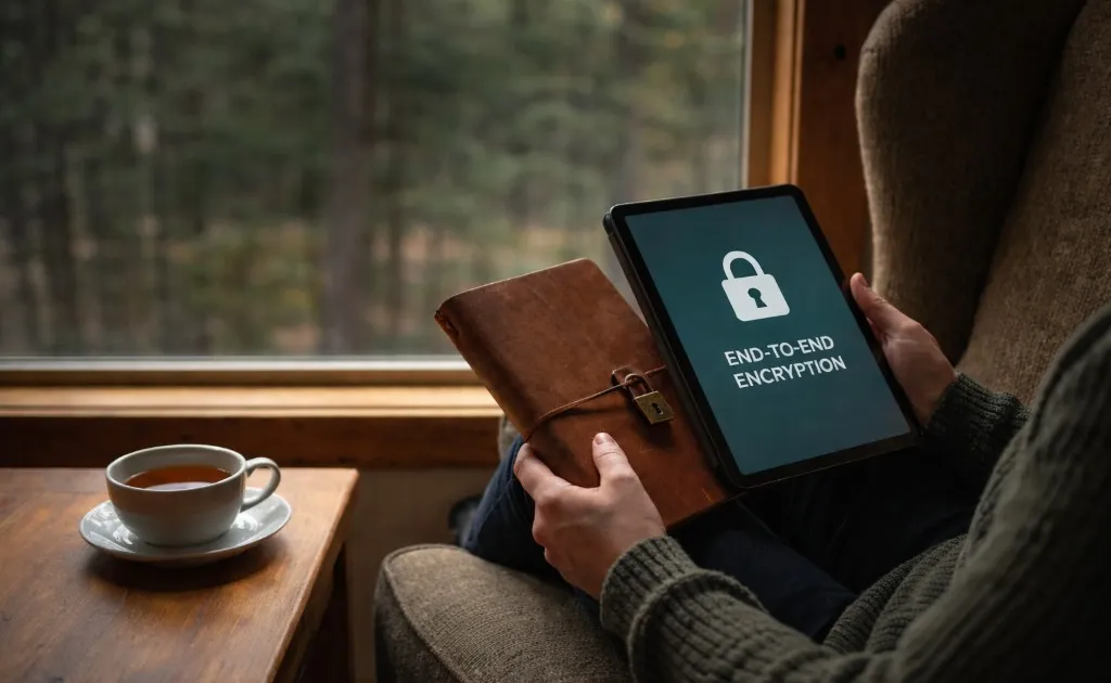 A locked journal resting on a desk, symbolizing the importance of privacy and end-to-end encryption for personal writing.